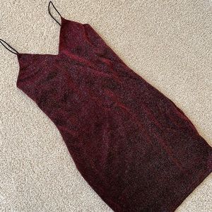 Olive Tree Burgundy Red Metallic Glitter Spaghetti Strap String Mini Dress Small